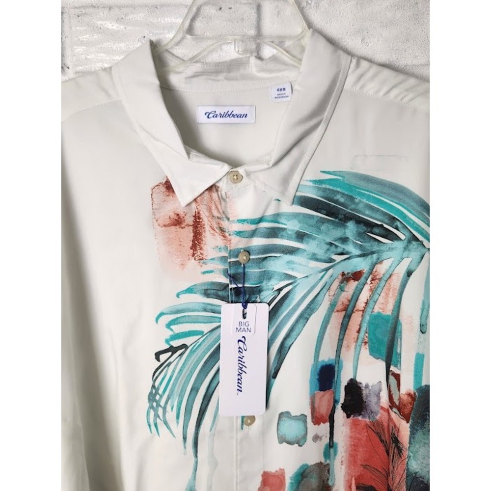 NWT Caribbean Mens Button Up Shirt Watercolor Print Short Sleeve Casual Size 4XB